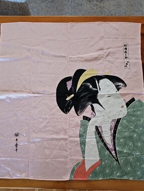 Vintage Ukiyo-e Style Textile Scarf -  Pink, Green, Black